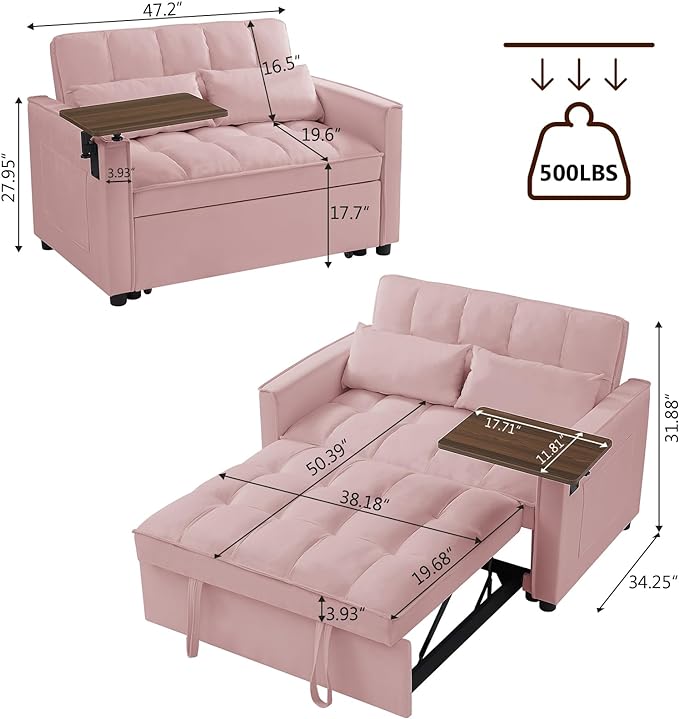 3 in 1 Loveseat Sofa Bed, Pull Out Couch Sleeper with Storage, Full Size Velvet Convertible Chair with 2 Pockets & 2 Pillows for Living Room, Pink - LeafyLoom