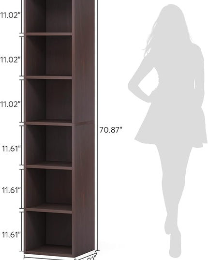 70.9 Inch Tall Narrow Bookcase, Corner Bookshelf 6 Tier Cube Display Shelf Storage Organizer for Small Space, Brown - LeafyLoom