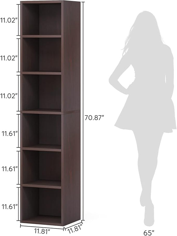 70.9 Inch Tall Narrow Bookcase, Corner Bookshelf 6 Tier Cube Display Shelf Storage Organizer for Small Space, Brown - LeafyLoom