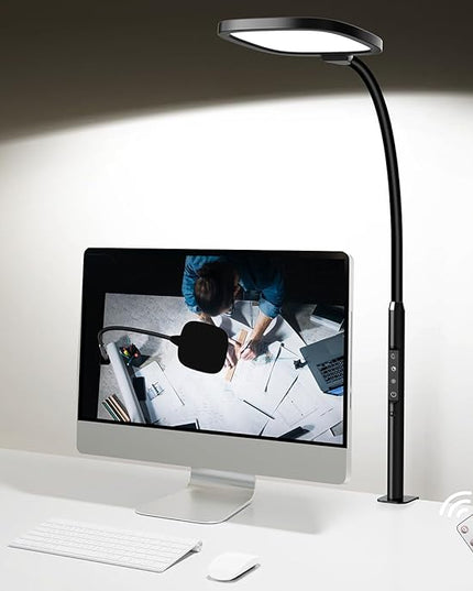 LED Desk Lamps for Home Office, Clamp Desk Light for Video Conference, Dimmable, Rotatable, Top Bright, Large Lighting Area, Remote & Touch, Clip Table Lamp for Computer Monitor, Study, Work - LeafyLoom