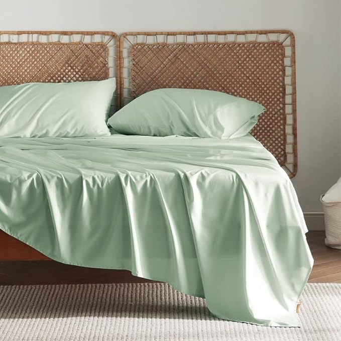 Bedsure California King Sheet Sets, Cooling Sheets, Rayon Derived from Bamboo, Deep Pocket Up to 16", Breathable & Soft Bed Sheets, Hotel Luxury Silky Bedding Sheets & Pillowcases, Sage Green - LeafyLoom