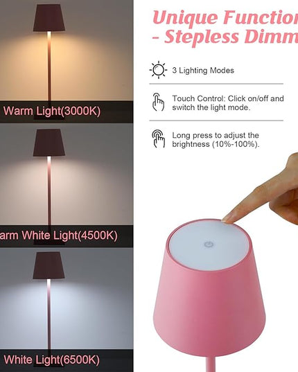 2 Pack LED Rechargeable Table Lamps, Cordless Desk Lamp, 3W 5200mAh Battery Operated Table Light, Stepless Dimming Portable Table Light Waterproof for Restaurant/Indoor/Outdoor (Pink 2Pack) - LeafyLoom