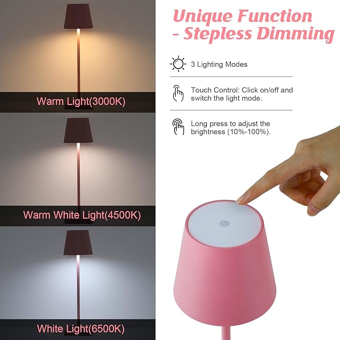 2 Pack LED Rechargeable Table Lamps, Cordless Desk Lamp, 3W 5200mAh Battery Operated Table Light, Stepless Dimming Portable Table Light Waterproof for Restaurant/Indoor/Outdoor (Pink 2Pack) - LeafyLoom