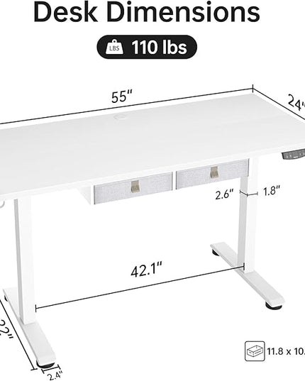 Standing Desk with 2 Drawers, Adjustable Height Electric Desk with Storage, 55 x 24 Inches Sit Stand Up Computer Table for Work Office Home, White - LeafyLoom