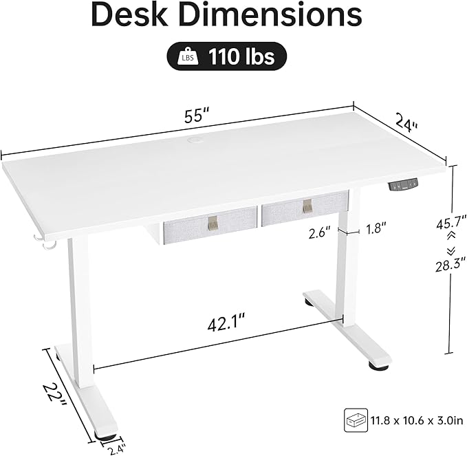 Standing Desk with 2 Drawers, Adjustable Height Electric Desk with Storage, 55 x 24 Inches Sit Stand Up Computer Table for Work Office Home, White - LeafyLoom