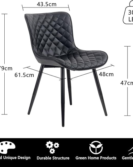 YOUTASTE Black Dining Chairs Set of 2 Mid Century Modern PU Leather Diamond Upholstered Accent Guest Dinner Chair with Back Metal Legs for Kitchen Living Reception Waiting Room - LeafyLoom