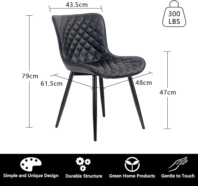 YOUTASTE Black Dining Chairs Set of 2 Mid Century Modern PU Leather Diamond Upholstered Accent Guest Dinner Chair with Back Metal Legs for Kitchen Living Reception Waiting Room - LeafyLoom