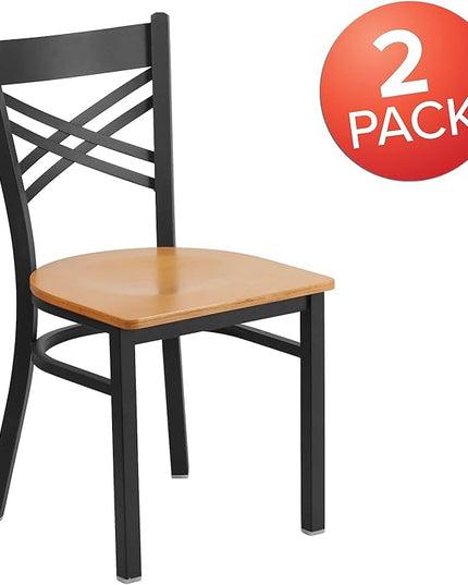 Flash Furniture 2 Pack HERCULES Series Black ''X'' Back Metal Restaurant Chair - Natural Wood Seat - LeafyLoom