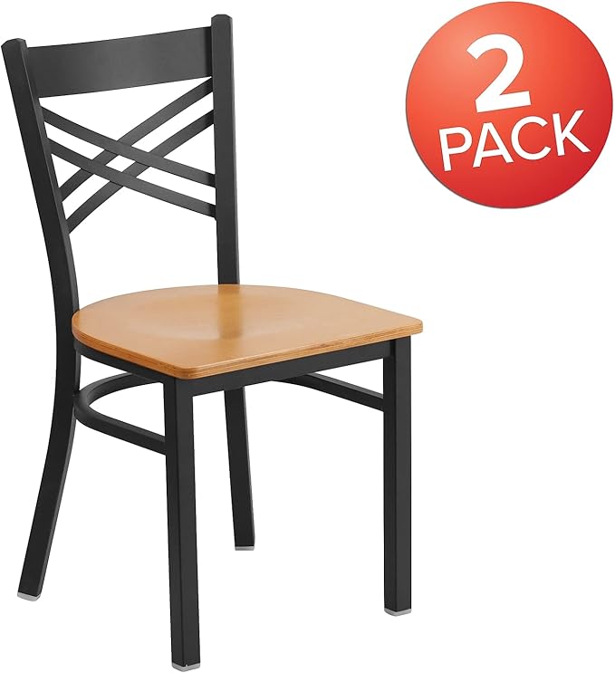 Flash Furniture 2 Pack HERCULES Series Black ''X'' Back Metal Restaurant Chair - Natural Wood Seat - LeafyLoom