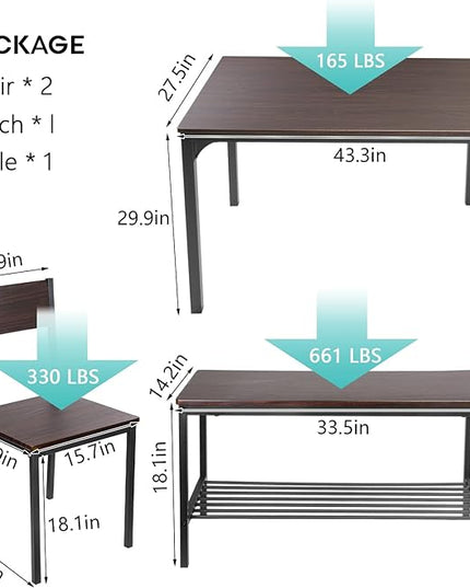 sogesfurniture 4 Piece Dining Table Set, Dining Room Set, Kitchen Dinner Table with Benches for 4, Includes Table, 2 Chairs & Bench, Brown - LeafyLoom
