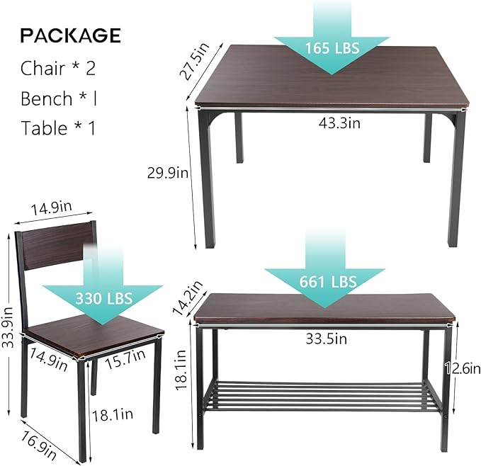 sogesfurniture 4 Piece Dining Table Set, Dining Room Set, Kitchen Dinner Table with Benches for 4, Includes Table, 2 Chairs & Bench, Brown - LeafyLoom