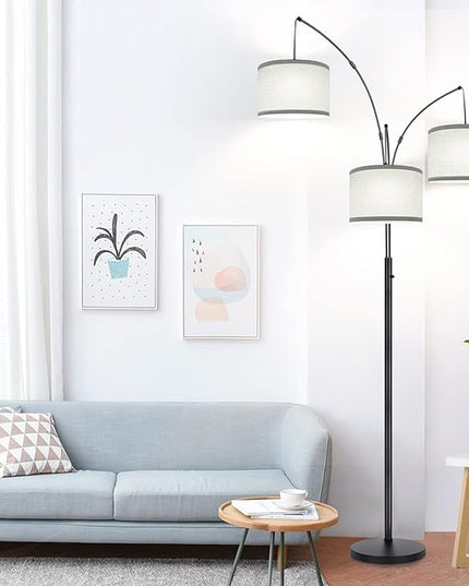 Dimmable Floor Lamp - 3 Lights Arc Floor Lamps for Living Room, 1000LM Modern Tall Standing Lamp With Gray Shades & Heavy Base, Mid Century Tree Floor Lamp for Bedroom Office, 3 LED Bulbs Included - LeafyLoom