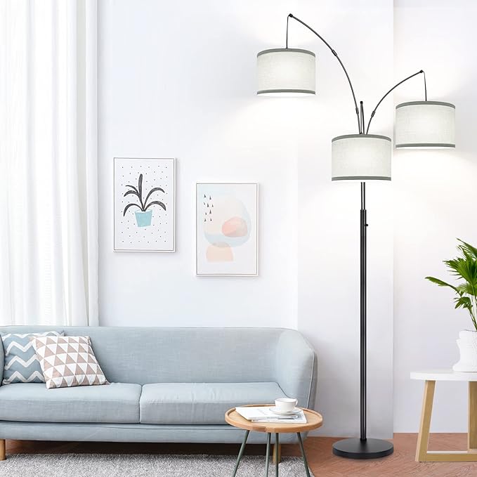 Dimmable Floor Lamp - 3 Lights Arc Floor Lamps for Living Room, 1000LM Modern Tall Standing Lamp With Gray Shades & Heavy Base, Mid Century Tree Floor Lamp for Bedroom Office, 3 LED Bulbs Included - LeafyLoom