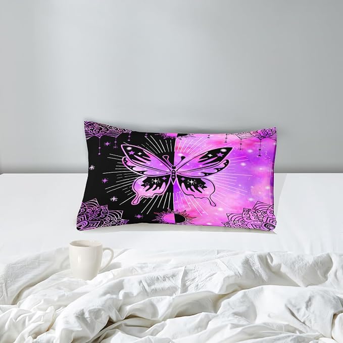 Butterfly Comforter - Butterfly Bed Set - Butterfly Comforter Set for Girls Women Bed Girls Twin Bedding Set Black Purple Butterflies with Sun and Moon Printed Quilt Sets with 1 Pillowcase - LeafyLoom