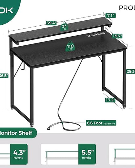 AODK Small Desk, 40 Inch Gaming Desk with LED Lights and Power Outlet, Computer Desk with Adjustable Monitor Shelf (3 Heights), Home Office Table Study Desk Compact Desk for Small Space, Black - LeafyLoom