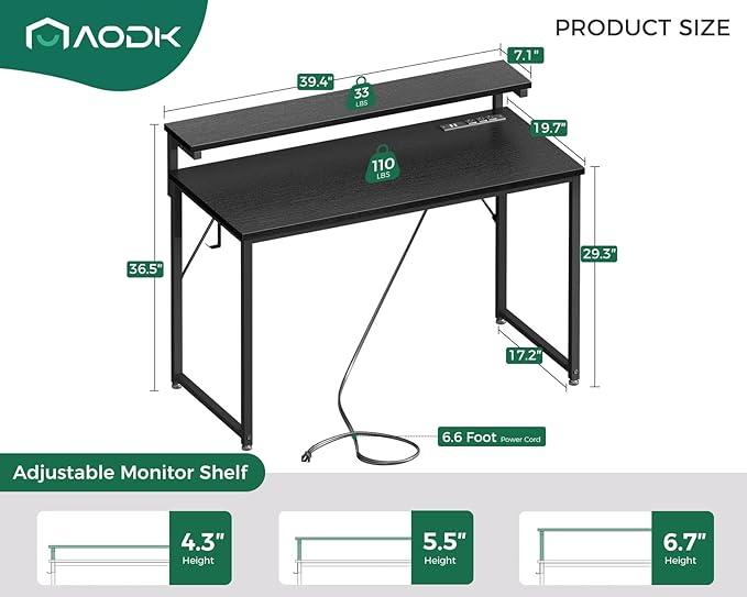 AODK Small Desk, 40 Inch Gaming Desk with LED Lights and Power Outlet, Computer Desk with Adjustable Monitor Shelf (3 Heights), Home Office Table Study Desk Compact Desk for Small Space, Black - LeafyLoom