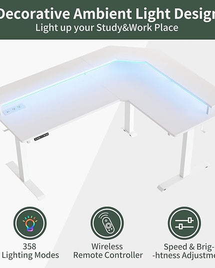 FEZIBO 63" Triple Motor L Shaped Standing Desk with LED Strip & Power Outlets, Height Adjustable Stand up Corner Gaming Desk with Ergonomic Monitor Stand, White Top/White Frame - LeafyLoom