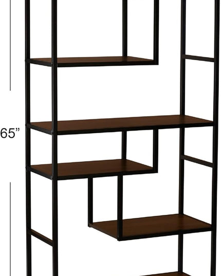 Household Essentials Jamestown Tall 6 Shelf Open Storage Bookshelf Mid Century Walnut Wood Grain and Black Metal - LeafyLoom