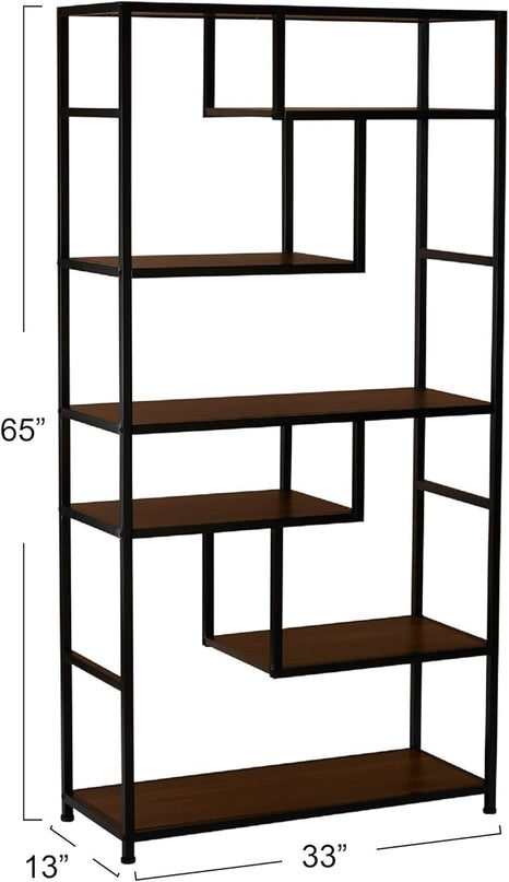 Household Essentials Jamestown Tall 6 Shelf Open Storage Bookshelf Mid Century Walnut Wood Grain and Black Metal - LeafyLoom