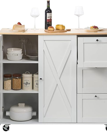 VEVOR Kitchen Island Cart with Solid Wood Top, 45.3" Width Mobile Carts with Storage Cabinet, Rolling Table with Spice Rack, Towel Rack, Drop Leaf and Drawer, Portable Islands on Wheels, White - LeafyLoom