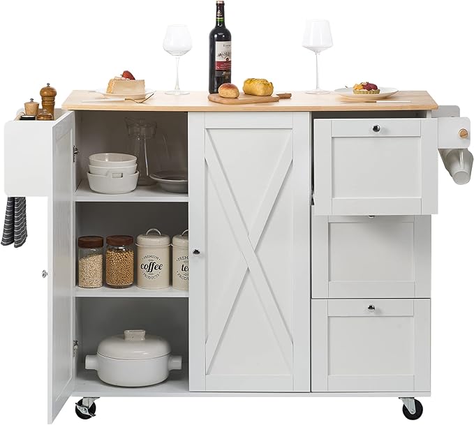 VEVOR Kitchen Island Cart with Solid Wood Top, 45.3" Width Mobile Carts with Storage Cabinet, Rolling Table with Spice Rack, Towel Rack, Drop Leaf and Drawer, Portable Islands on Wheels, White - LeafyLoom