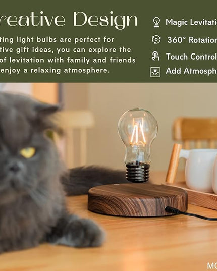 Levitating Bulb Lamp Magnetic Floating Lamp Light Desk Lamp Night Light Table LED for Unique Gifts, Room Decor, Night Light, Home Office Decor Desk Tech Toys (Round-Dark Brown Base) - LeafyLoom