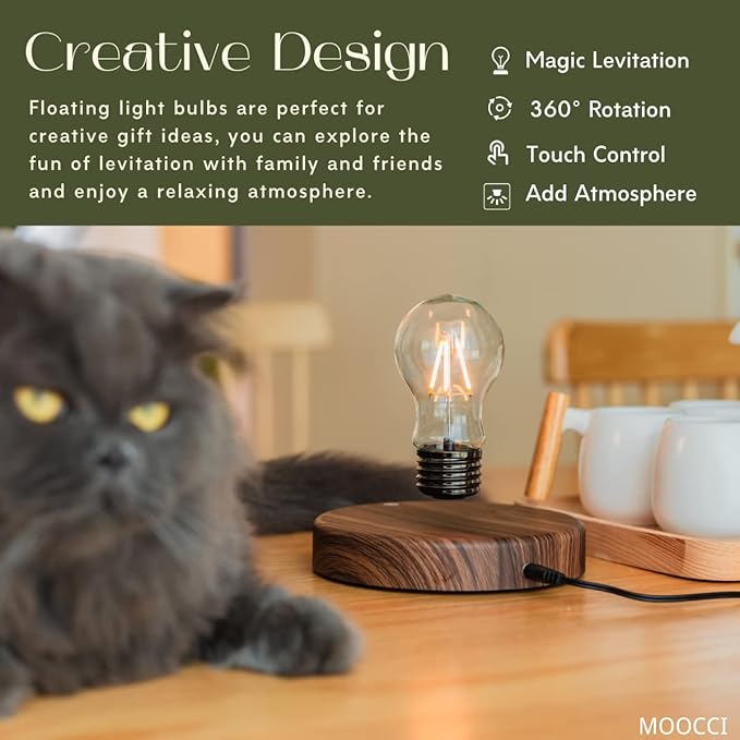 Levitating Bulb Lamp Magnetic Floating Lamp Light Desk Lamp Night Light Table LED for Unique Gifts, Room Decor, Night Light, Home Office Decor Desk Tech Toys (Round-Dark Brown Base) - LeafyLoom