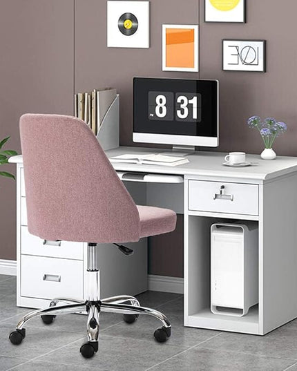 HOMEFLA Home Office Modern Linen Swivel Task Upholstered Fabric Desk Chair Armless with Wheels, Middle, Pink - LeafyLoom