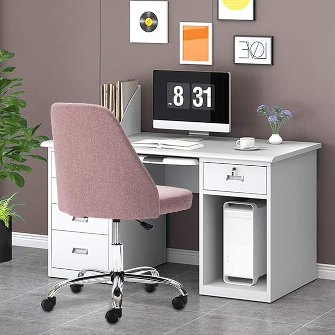 HOMEFLA Home Office Modern Linen Swivel Task Upholstered Fabric Desk Chair Armless with Wheels, Middle, Pink - LeafyLoom