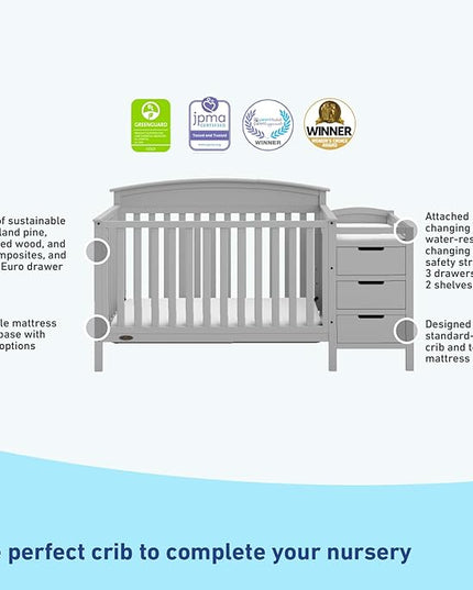 Graco Benton 5-in-1 Convertible Crib and Changer (Pebble Gray) – Crib and Changing Table Combo, Includes Water-Resistant Changing Pad, 3 Drawers, Converts to Toddler Bed, Daybed and Full-Size Bed - LeafyLoom