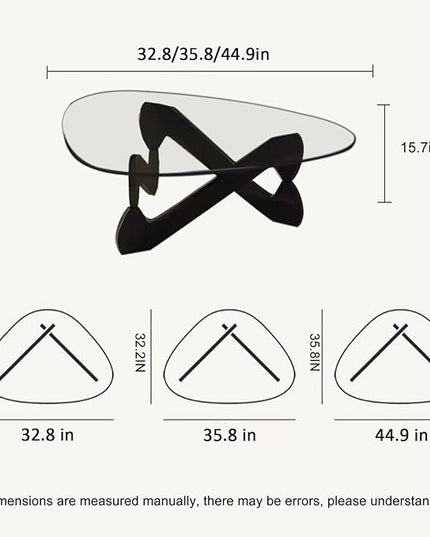 Triangle Coffee Table Glass Coffee Table for Living Room Clear Glass Coffee Table with Solid Wood Base Mid Century Modern Coffee Table for Small Spaces (Black-Transparent, 35.8in) - LeafyLoom
