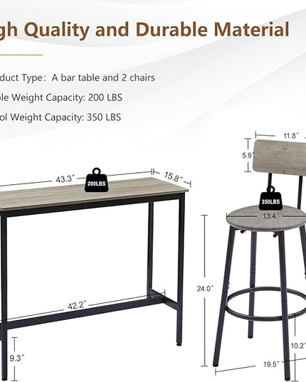 Bar Table and 2 Chairs Set, Industrial Style Bar Stools PU Upholstery Seat with Backrest, 3 Pieces Pub Dining Table Set for Kitchen, Apartment, Small Space, Gray - LeafyLoom