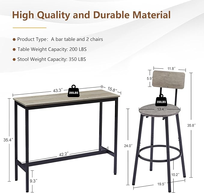 Bar Table and 2 Chairs Set, Industrial Style Bar Stools PU Upholstery Seat with Backrest, 3 Pieces Pub Dining Table Set for Kitchen, Apartment, Small Space, Gray - LeafyLoom