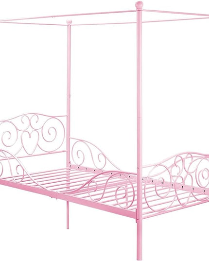 DHP Metal Canopy Kids Platform Bed with Four Poster Design, Underbed Storage Space, No Box Sring Needed, Twin, Pink - LeafyLoom
