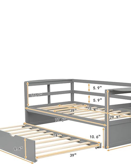 Merax Classic Wood Daybed with Trundle Twin/Twin Sofa Bed with Two Foldable Shelves for Bedroom Living Room,No Box Spring Needed,Space Saving Gray - LeafyLoom