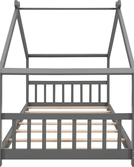 Kids Montessori Floor Bed Twin Size, Twin Floor Bed Frame with Headboard, Footboard and Slats, Wood Montessori Bed Twin Size/House Floor Bed for Kids, Girls, Boys, Gray Floor Bed - LeafyLoom