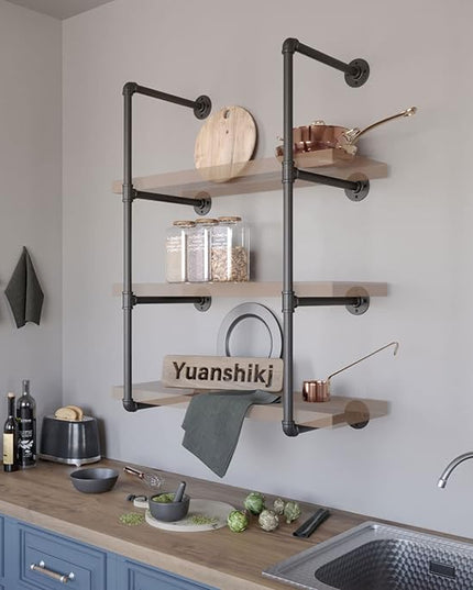 Yuanshikj 2Pc (42" Tall,12" deep) Industrial Wall Mount Iron Pipe Shelf Shelves Shelving Bracket Black Bookshelf DIY Storage offcie Room Kitchen (2 Pcs 4Tier Hardware Only) - LeafyLoom