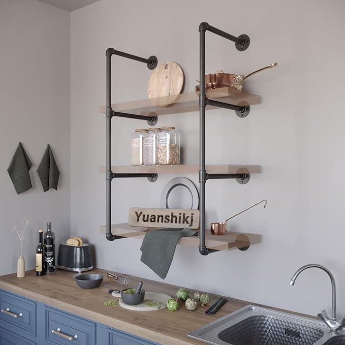 Yuanshikj 2Pc (42" Tall,12" deep) Industrial Wall Mount Iron Pipe Shelf Shelves Shelving Bracket Black Bookshelf DIY Storage offcie Room Kitchen (2 Pcs 4Tier Hardware Only) - LeafyLoom