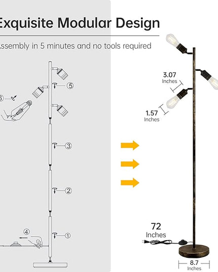 Industrial Floor Lamp, Standing Lamp, Bronze Finish Tree Floor Lamp with 3 Adjustable Rotating Lights, E26 Edison Bulb Floor Lamp for Living Room, Bedroom, Home, Office(Bulb not Included) - LeafyLoom