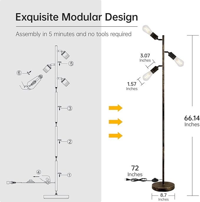 Industrial Floor Lamp, Standing Lamp, Bronze Finish Tree Floor Lamp with 3 Adjustable Rotating Lights, E26 Edison Bulb Floor Lamp for Living Room, Bedroom, Home, Office(Bulb not Included) - LeafyLoom