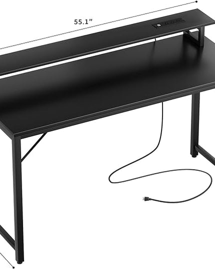 55 inch Computer Desk with Power Outlets, Office Desk Gaming desk with LED Lights, Home Office Desk with Monitor Shelf, Modern Work Desk Study Writing Table for Bedroom, Black - LeafyLoom