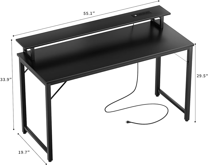 55 inch Computer Desk with Power Outlets, Office Desk Gaming desk with LED Lights, Home Office Desk with Monitor Shelf, Modern Work Desk Study Writing Table for Bedroom, Black - LeafyLoom