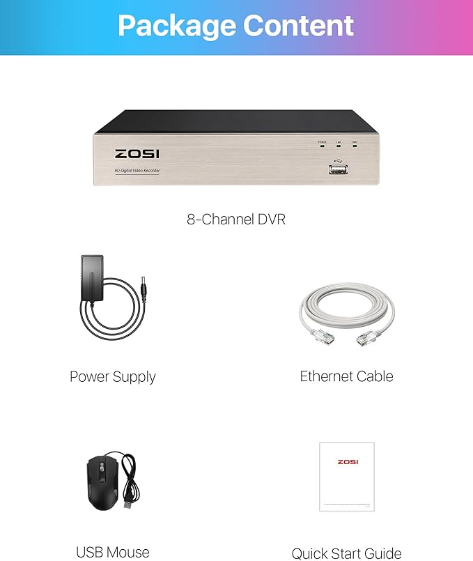 ZOSI 8CH 3K Lite Home Security DVR with 2TB HDD,AI Human/Vehicle Detection,Remote Access,Alert Push,H.265+ Hybrid 4-in-1 Wired Surveillance DVR for HD-TVI, CVI, CVBS, AHD 960H/720P/1080P CCTV Cameras ZOSI