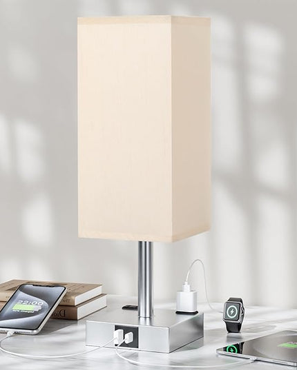 Touch Bedside Table Lamp For Nightstand - 3-Way Dimmable Night Lamp with USB A + Type C Charging Ports and two AC Outlets, Small Desk Light with E26 LED Bulb for Bedroom Living Room Dorm Office - LeafyLoom