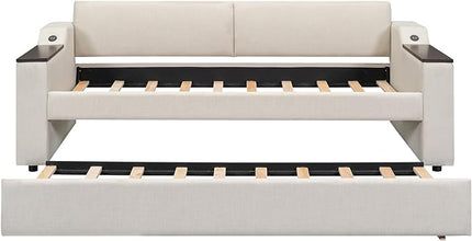 Twin Size Upholstery Daybed with Storage Arms, Trundle and USB Design, Sofa Bed Day Bed for Bedroom Living Room Guestroom, No Box Spring Needed, Beige - LeafyLoom