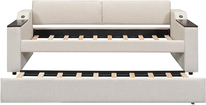 Twin Size Upholstery Daybed with Storage Arms, Trundle and USB Design, Sofa Bed Day Bed for Bedroom Living Room Guestroom, No Box Spring Needed, Beige - LeafyLoom