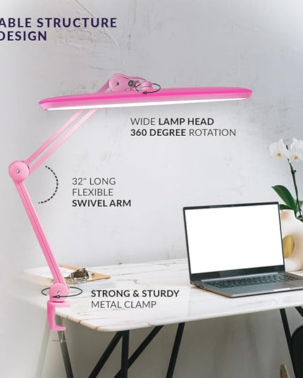 Neatfi XL 2,200 Lumens LED Task Lamp, 24W, 117 Pcs SMD LED, 23 Inches Ultra Wide Lamp, 4 Level Brightness Dimmable, Eye-Caring LED Lamp, Glare Free (Non-CCT with Clamp, Pink) - LeafyLoom