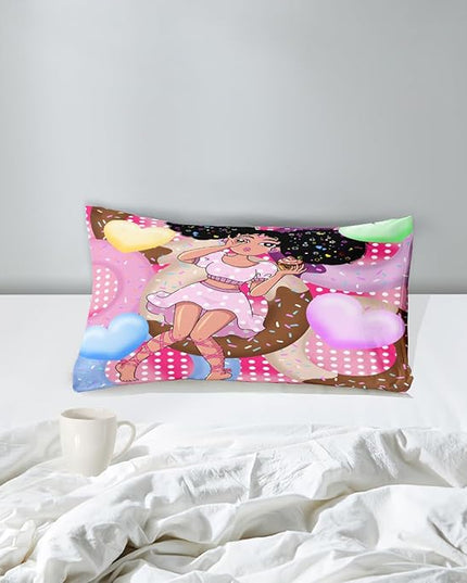 African American Girls Comforter Set Twin - Black Girl Comforter Set - Kids Comforter Sets for Girls Bedroom Decor Pink Donut Girl Pattern Prints 2 Piece Quilt Set with 1 Pillowcase - LeafyLoom