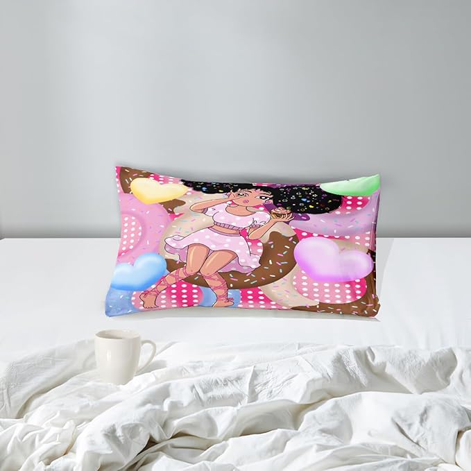 African American Girls Comforter Set Twin - Black Girl Comforter Set - Kids Comforter Sets for Girls Bedroom Decor Pink Donut Girl Pattern Prints 2 Piece Quilt Set with 1 Pillowcase - LeafyLoom