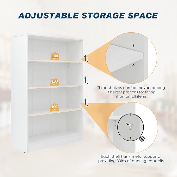 Farini White Bookshelf for Bedroom 4 Shelf Office Bookcase 48 Inches Tall Modern Wood Bookshelf for Living Room 4 Tier Wide Manga Bookshelf Library Bookcase - LeafyLoom